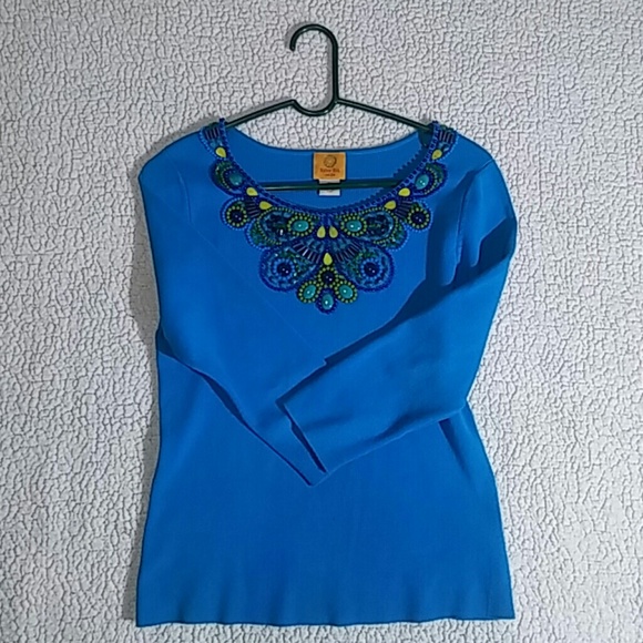 Ruby Rd Blue Top with Beaded Neck Bib Details - Picture 6 of 8